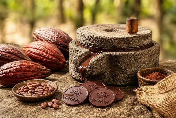Stone-ground cacao with cacao pods