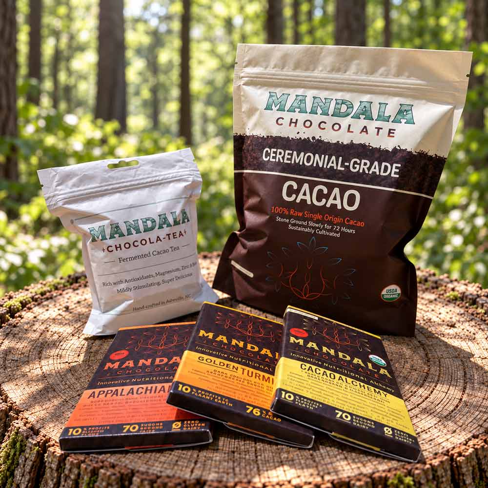 Mandala Chocolate ceremonial-grade cacao, Chocola-Tea, and three botanical chocolate bars on a tree stump in the forest
