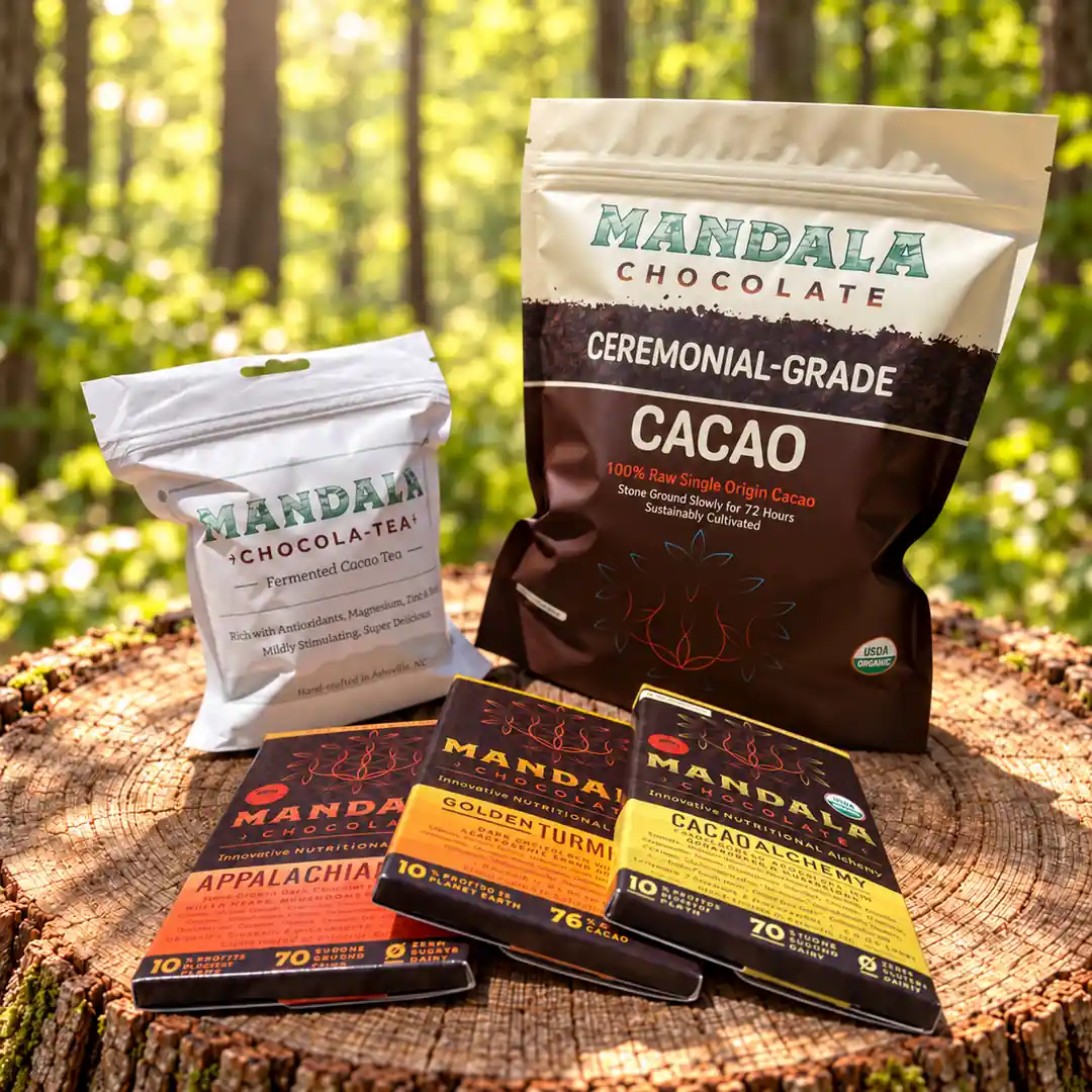 Mandala ceremonial cacao, Chocola+Tea and chocolate bar trio in the forest